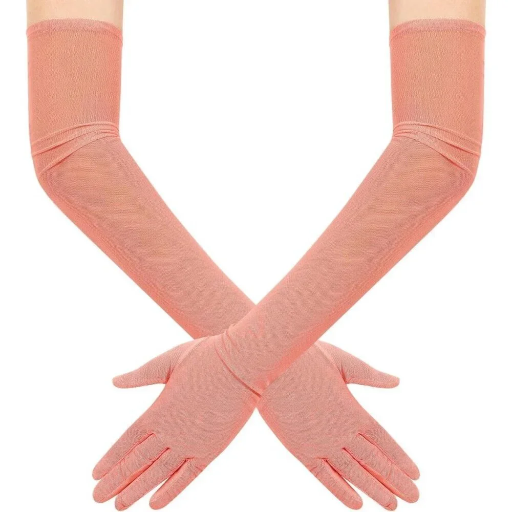 Women's Tulle Mesh Coral Long Stretchy Gloves Halloween Party Wedding Costume